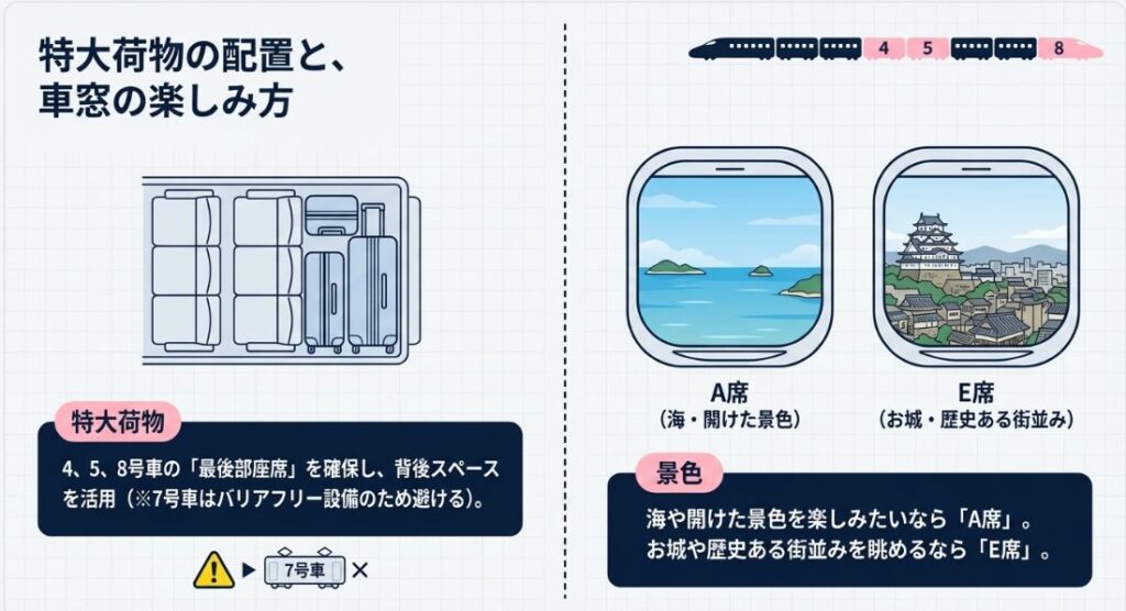 4・5・8号車の最後部座席にある特大荷物スペースの図と、A席(海側)とE席(お城側)で見える景色の違いを説明するイラスト 。