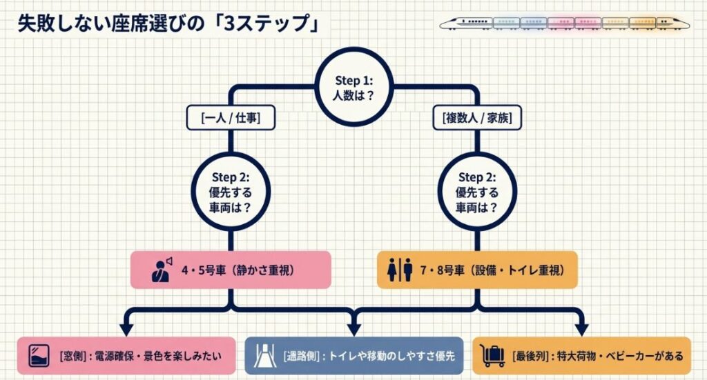 人数、優先事項(静かさか設備か)、座席位置(窓側・通路側・最後列)を順番に選ぶためのフローチャート 。