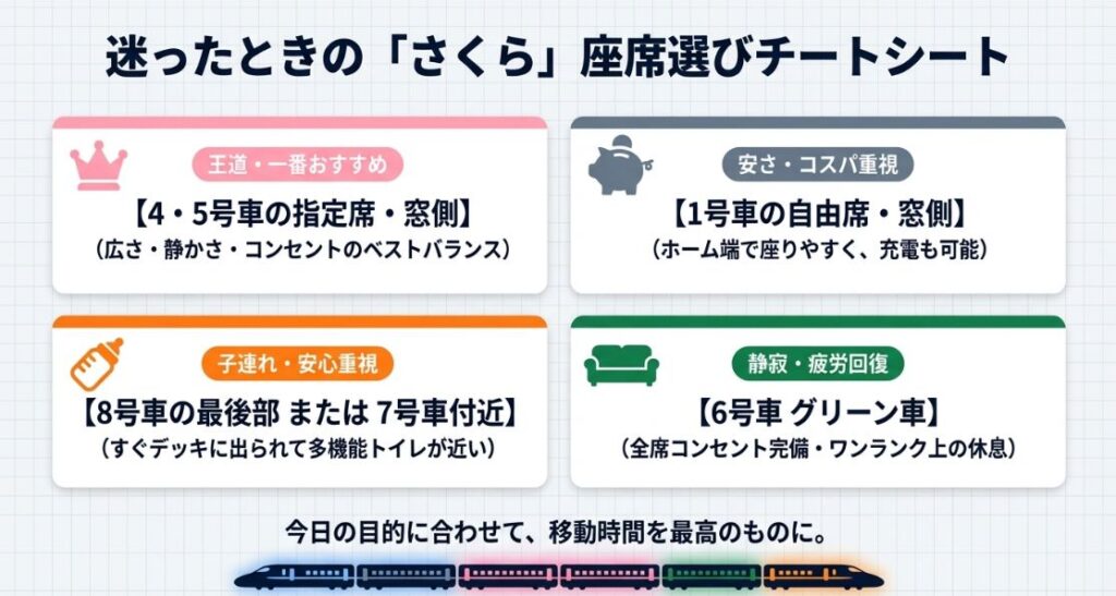 王道、コスパ、子連れ、静寂の4つの目的別に最適な号車と座席をまとめた一覧表 。