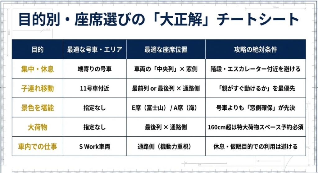 集中、子連れ、景色、大荷物、仕事の5項目について、最適な号車、座席位置、攻略条件をひと目で確認できる一覧表。