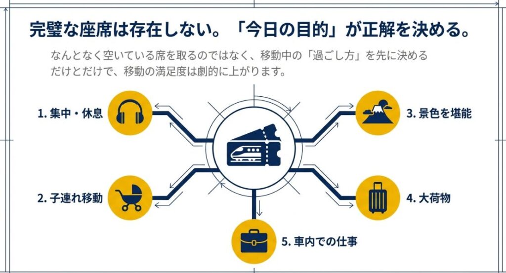 移動の満足度を上げるために、集中・休息、子連れ、景色、大荷物、仕事という5つの目的から逆算して座席を選ぶ重要性を説明するスライド。