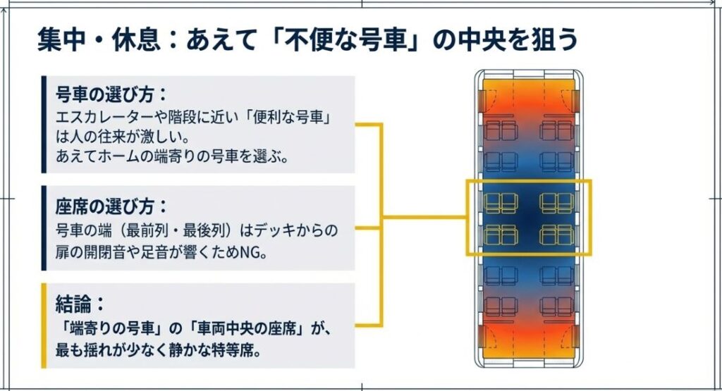 ホームの端寄りの号車を選び、扉の音や足音が響きにくい車両中央の座席を確保することで、静かな環境を作れることを示す図解。
