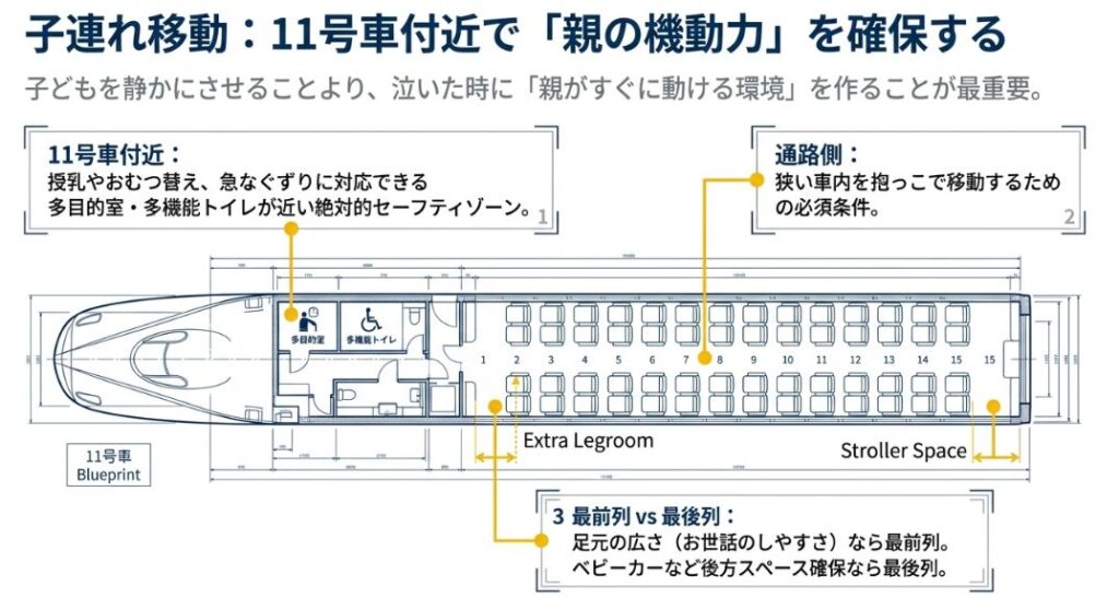 多目的室や多機能トイレに近い11号車のレイアウトと、足元の広さを優先する最前列、ベビーカー置場を確保する最後列の使い分けを説明する設計図。