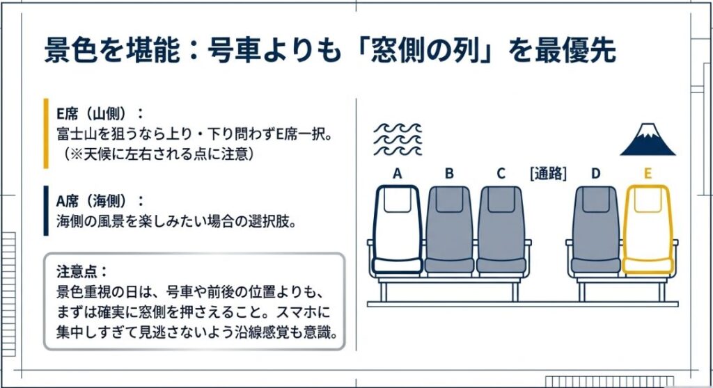 山側の富士山を楽しむためのE席と、海側の景色を楽しむためのA席の配置を分かりやすく示したイラスト。