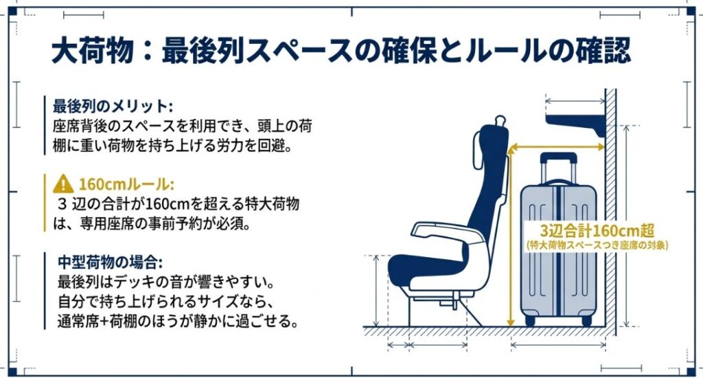 最後列座席のメリットと、3辺合計160cmを超える特大荷物の事前予約ルールについて説明したスライド。
