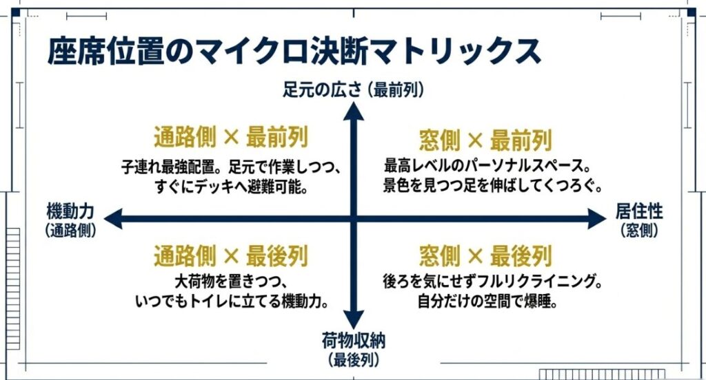 縦軸に足元の広さと荷物収納、横軸に機動力と居住性を取り、窓側・通路側・最前列・最後列の組み合わせでどれが自分に合うか判断できる4象限マトリックス。