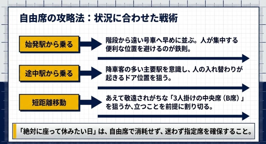 始発駅から乗る場合、途中駅からの場合、短距離移動の場合のそれぞれで、座れる確率を上げるための並び方や席選びのコツをまとめた表。